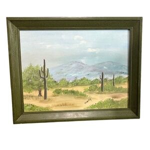 Vintage Southwestern Cactus Desert Mountain Landscape Painting Framed  by Marty